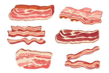 Set of Thin Bacon Strips, Rashers, Raw or Smoked Fatty Slices of Pork Meat Isolated on White Background. Brisket or Ham