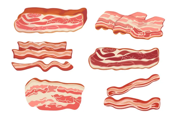 Set of Thin Bacon Strips, Rashers, Raw or Smoked Fatty Slices of Pork Meat Isolated on White Background. Brisket or Ham — Vetor de Stock