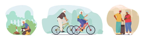 Seniors Active Lifestyle, Aged Man and Woman Gardening, Riding Bicycle or Traveling. Aged Couple Healthy Lifestyle —  Vetores de Stock