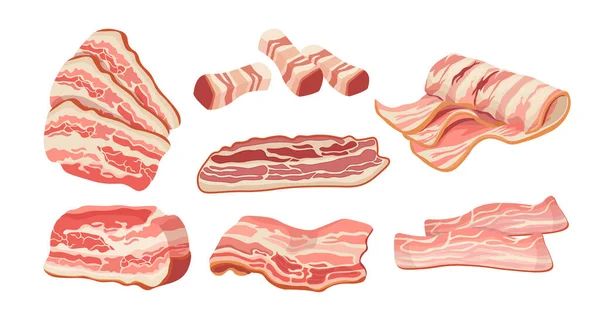 Set of Bacon Slices, Thin Strips, Delicious Food for Breakfast. Rashers, Raw or Smoked Fatty of Pork Meat, Tasty Snack — Wektor stockowy