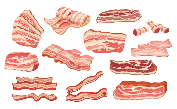 Set of Raw or Smoked Bacon Strips, , Thin Fatty Slices of Pork Rashers, Meat Delicious Food Isolated on White Background — Wektor stockowy