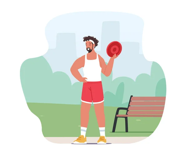 Sportswear Holding Frisbee Disk in Summer Park 의 수컷 캐릭터. 스포츠맨 실외 훈련 혹은 경쟁, 스포츠 — 스톡 벡터