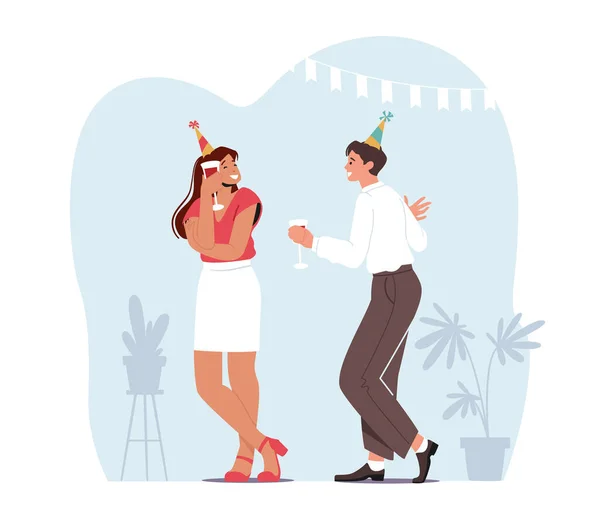 Молода пара Чоловік і жінка тримає окуляри з напоями Святкування свята Пити алкоголь Коктейль Флірт — стоковий вектор