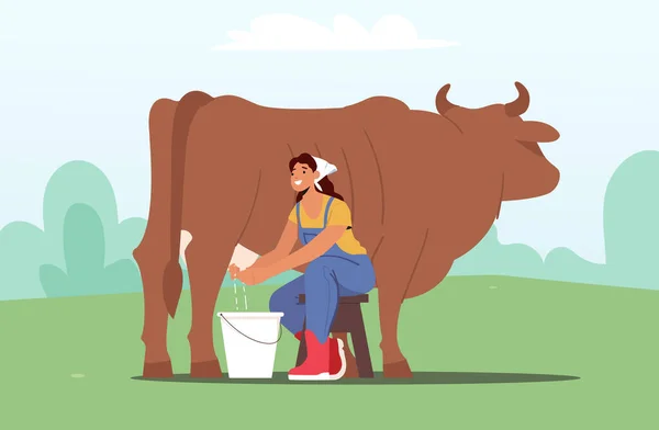 Jeune femme laitière en uniforme assise sur une chaise et traire la vache dans un seau. Lait et produits laitiers Agriculteur Produits agricoles — Image vectorielle