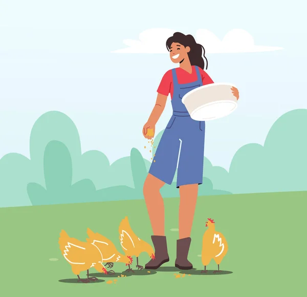 Jonge vrouw in een werkjas die Fowl voedt met de natuur. Vrouwelijke boer, Villager Karakter aan het werk. Meisjes verzorging van vogels — Stockvector