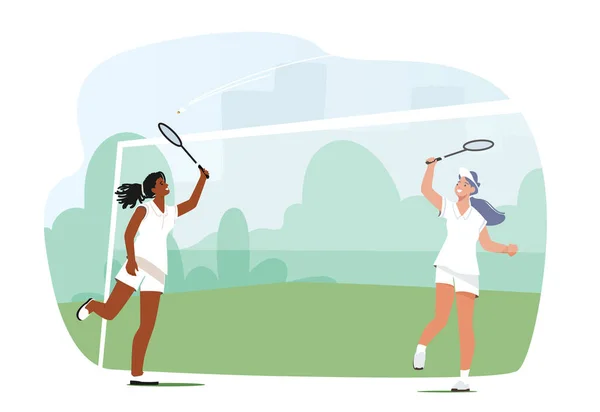 Ragazze che giocano a Badminton, Giocatrici che saltano Preparatevi a Smash Shot, Giovani Donne Colpiscono Shuttle con Racchetta sul Campo — Vettoriale Stock