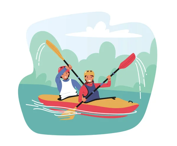 Kayaking or Rafting Sport Competition. Sportsmen Rowing in Kayaks at River Stream. Wild Nature and Water Fun on Vacation — Stock Vector