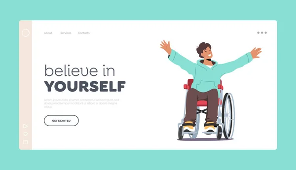 Personaje Disability Landing Page Template. Joven Discapacitado Sentado en Silla de Ruedas, Persona con Discapacidad Paralizada — Vector de stock