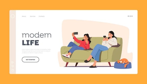 Modern Life Landing Page Template (em inglês). Família com dispositivos digitais. Menina e mãe conversando online usando smartphones — Vetor de Stock