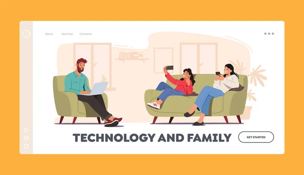 Πρότυπο σελίδας τεχνολογίας και οικογενειακής προσγείωσης. Χαρακτήρες Μητέρα, Πατέρας και Κόρη με Ψηφιακές Συσκευές Χρήση Διαδικτύου — Διανυσματικό Αρχείο