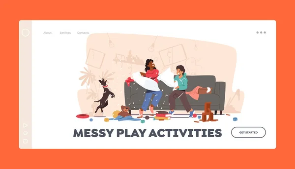 Messy Play Activities Προσγείωση Πρότυπο σελίδας. Άτακτοι υπερκινητικοί χαρακτήρες παιδιών που μάχονται σε μαξιλάρια κάνοντας χάος — Διανυσματικό Αρχείο