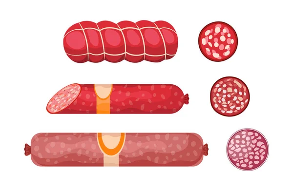 Salami, Pepperoni wędzona kiełbasa, produkty mięsne Premium całe i plasterki Kielbasa. Produkcja delikatesów, Mączka, Wurst — Wektor stockowy