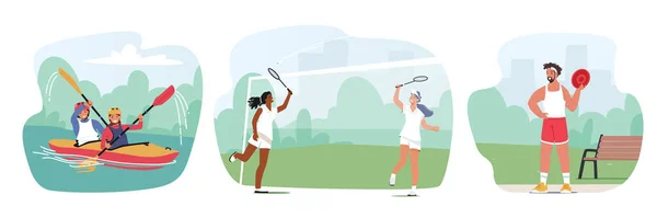 Spiele-Set für draußen vorhanden. Junge gesunde Menschen Sommerfreizeit, Kajakfahren, Badminton und Frisbee-Sport, Spaß — Stockvektor