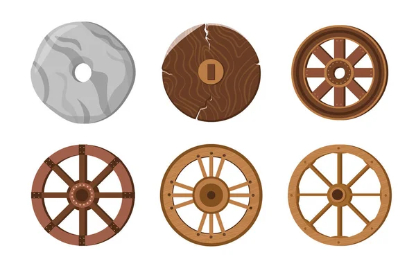 古い車輪、原始的な石のリング、木製のカートやシャリオットのための古代の輸送ホイール。歴史発明、進化 — ストックベクタ