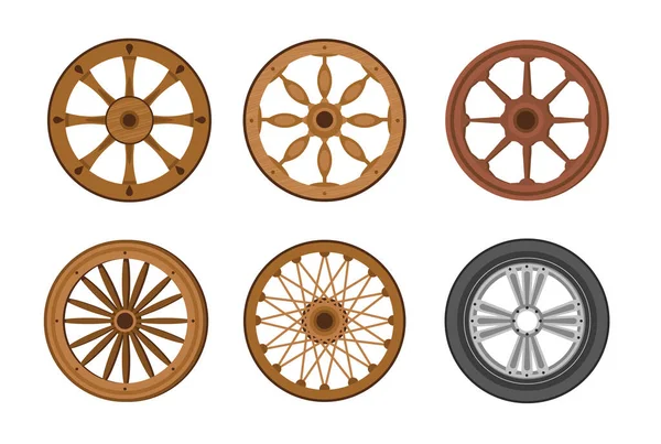 車輪古い古代の木製のリングから現代の輸送ホイールへの進化。交通歴史発明、進歩 — ストックベクタ