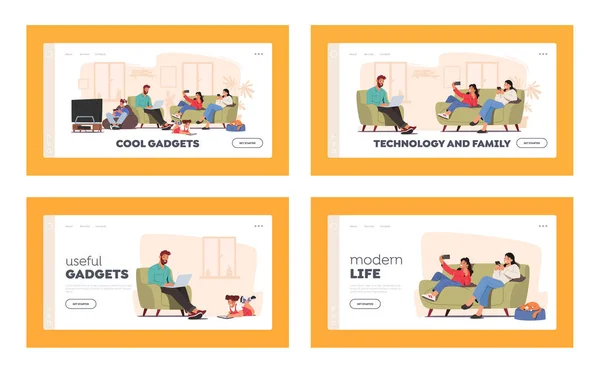 ソーシャルメディアインターネット中毒ランディングページテンプレートの家族の文字が苦しむ設定します。デバイスを持つ親と子 — ストックベクタ