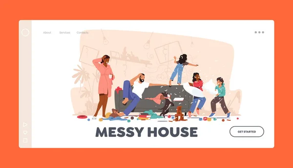 Father and Mother Shocked with Home Mess Landing Page Template. Naughty Hyperactive Children Characters Fighting Stock Vector