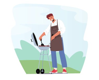 Ön bahçedeki barbekü makinesinde Şef Önlüğü Kızartan Sosisler 'de Erkek Karakter Yazın açık havada barbekü