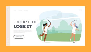 Badminton İniş Sayfası Şablonu Oynayan Kızlar. Kadın Oyuncular Vuruyor, Kadınlar Mahkemede Raketle Mekiğe Vuruyor
