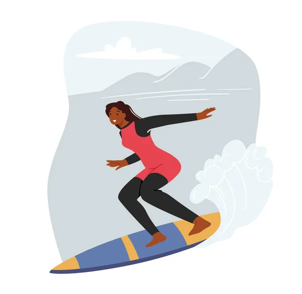 Jeune fille de surf personnage équitation vague de l'océan à bord, Surf d'été activité, Sports récréatifs, Loisirs de la mer Hobby — Image vectorielle