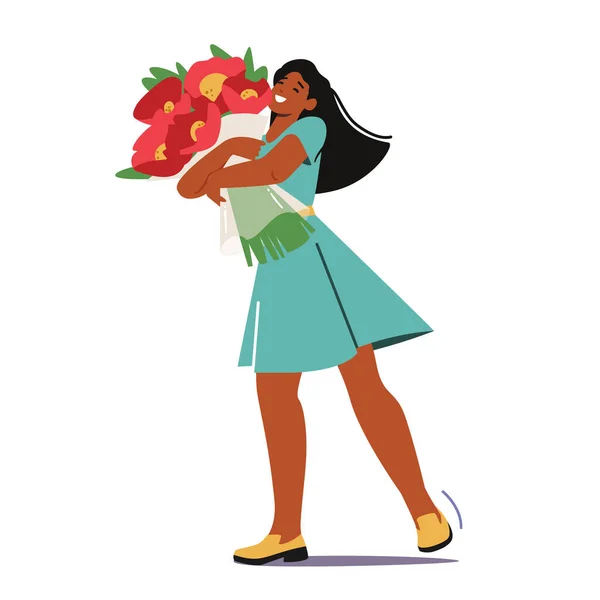 Junge weibliche Figur, die einen Strauß schöner Blumen in Händen hält. Mädchen mit Dating, süße peinliche Frau — Stockvektor