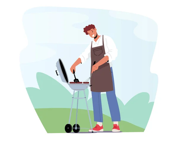 Personagem masculino no Chef Avental Fritando Salsichas na máquina de churrasco no jardim dianteiro Passe tempo no Bbq ao ar livre no verão — Vetor de Stock