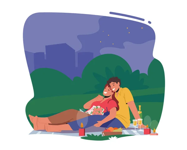 Romantiskt datum. Happy Couple Man and Kvinna Characters Dating Outdoors on Night Picnic, Drinking Champagne — Stock vektor