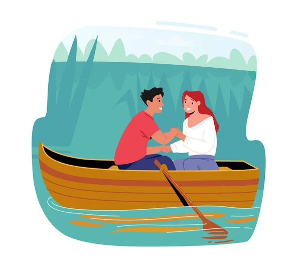Jonge Happy Girl en Boy Romance Dating. Man en vrouw drijvende boot op het water oppervlak. Karakters die handen vasthouden — Stockvector