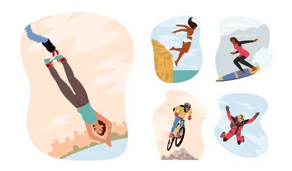 Nastavit extrémní sport a rekreaci. Mužské a ženské postavy Bungee a Cliff Jump, Skákání padákem, Surfing — Stockový vektor