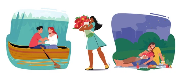 Een set van Romance Relations. Happy Girl and Boy Dating. Man en vrouw drijvende boot. jong vrouwelijk karakter Holding bloemen — Stockvector