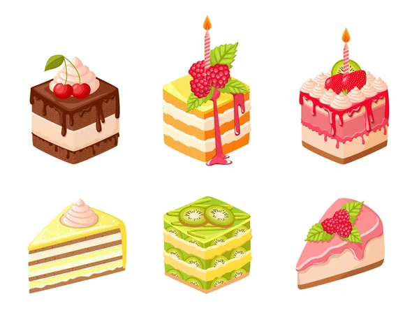 Sada koláčů s ovocem, bobulemi a šlehačkou. Cukrářské zákusky, sladké koláče, cukrářské výrobky, cukrářské výrobky nebo cukrářské výrobky — Stockový vektor