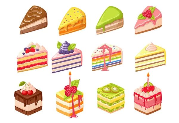 Set torta, compleanno pezzi da dessert con candele, frutta o bacche. Pasticceria Dolce Produzione Torte, Pasticceria, Panetteria — Vettoriale Stock