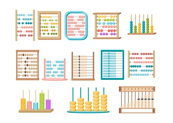 Set von Abakus, Mathematik oder Arithmetik. Taschenrechner, Mathe lernen, bunte Spielzeuge für Kinder — Stockvektor