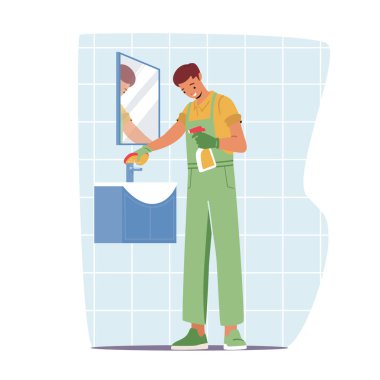 Temizlik Servisi, Üniformalı Erkek Karakteri Tulum Yıkama ve Temizleme Aynası ve Tuvalette Lavabo. Temizlik Şirketi