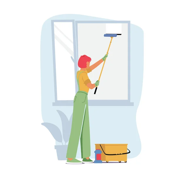 Mujer Servicio de Limpieza de Caracteres Empleada en Uniforme Overalls Lavando Ventana con Raspador. Limpieza profesional — Vector de stock