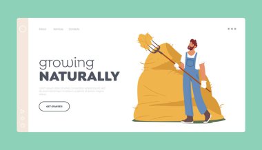 Farm Harvesting, Raking Hay Landing Page Template. Farmer Hold Pitchfork and Sticking in Haystack. Villager Agriculture clipart