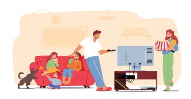 Ev sinema konsepti. Aile TV izlerken gazoz ve patlamış mısır, çocuklar ve ebeveynler koltukta oturuyor.