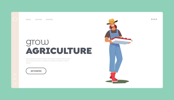 Groeien Landbouw Landing Page Template. Vrouwelijke boer draagt oogst in doos. Tuinman Karakter Oogsten Vruchten — Stockvector