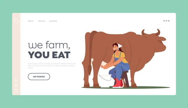 Farming Rancher Girl arbetar på Animal Farm Landing Page Template. Mjölkjungfru sittande på stol och mjölkko i hink. — Stock vektor