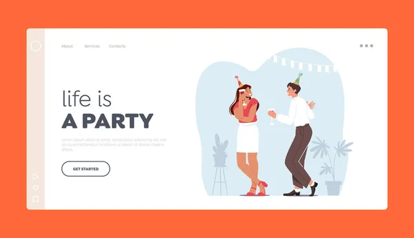 Verjaardag Home Party Landing Page Template. Paar man en vrouw met glazen met dranken Vieren vakantie — Stockvector