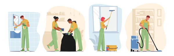 Ange tecken i uniform med utrustning rengöring av fönster, badrum och vardagsrum. Professionell städservice — Stock vektor