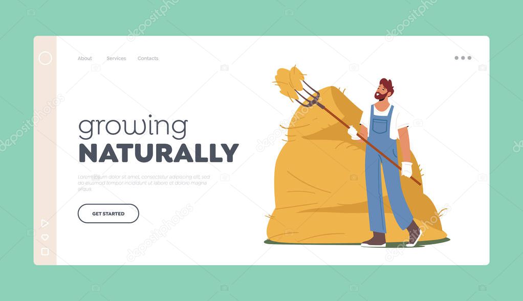 Farm Harvesting, Raking Hay Landing Page Template. Farmer Hold Pitchfork and Sticking in Haystack. Villager Agriculture