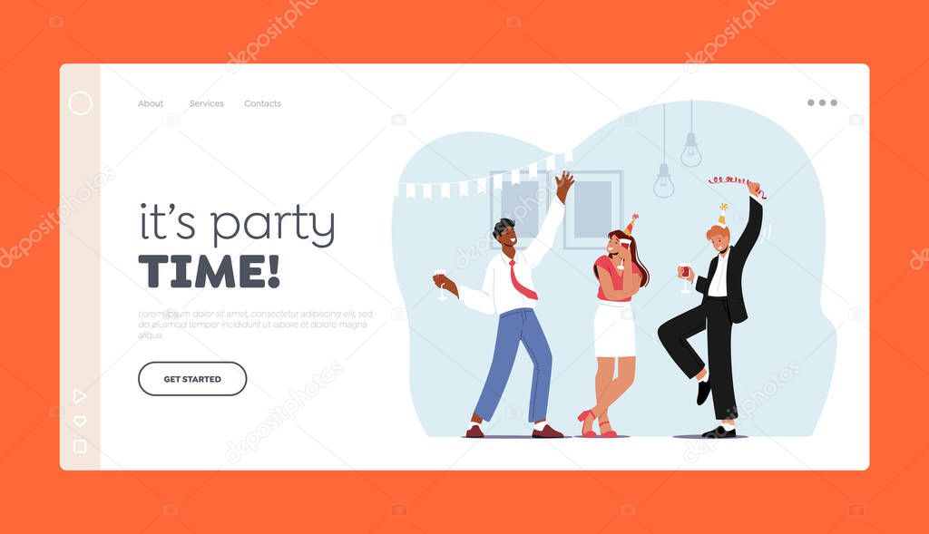 Friends Home Party Landing Page Template. Friends Meeting, Corporate. Young Woman and Men in Funny Hats Clink Glasses