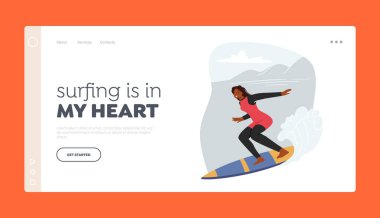 Sörf İniş Sayfa Şablonu. Sörfçü Kız Gemide Okyanus Dalgası, Spor Eğlencesi, Deniz Tatili Hobisi