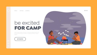 İniş Kampı Şablonu için heyecanlı ol. Çocuk karakterler Marshmallow 'u ateşte kızartıyor. Yaz Kampındaki Çocuklar