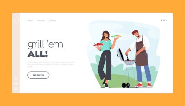Karakterler Açık havada Bbq İniş Sayfa Şablonu 'nda vakit geçirirler. Aile ya da Arkadaşlar Barbekü Makinesinde Et Pişiriyor