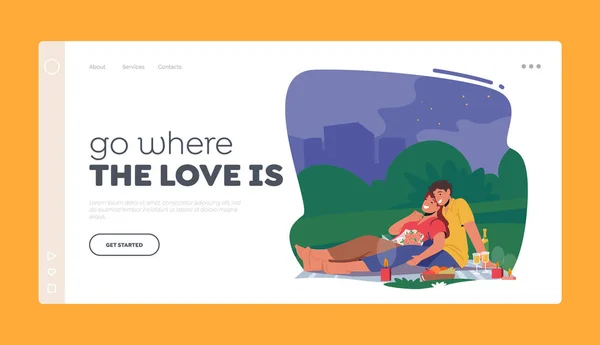 Young People Romantic Relations, Meeting Landing Page Template. Romance Date. Happy Couple Characters Dating — Vettoriale Stock
