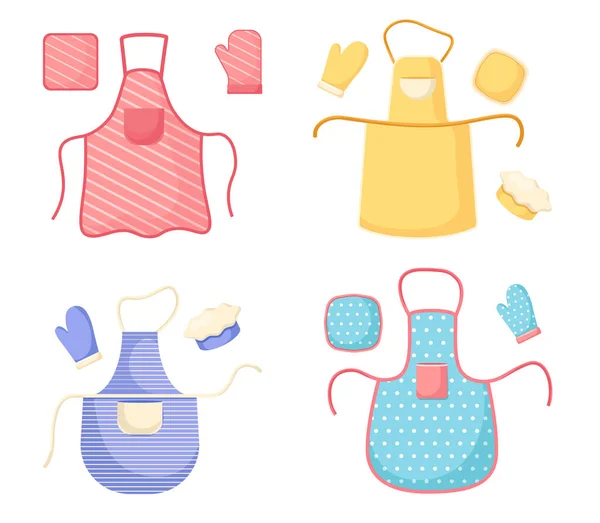 Kochschürzen, Handschuhe und Hauben, Koch-Uniform. Kitchen Lätzchen oder Pinafore mit Fronttasche und Schnüren, Kleidungsstück — Stockvektor