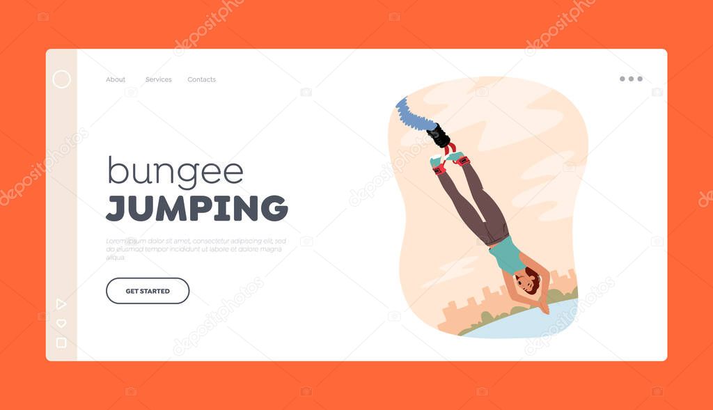 Extreme Sports and Recreation Landing Page Template. Happy Brave Female Character Jumping with Bungee from Bridge
