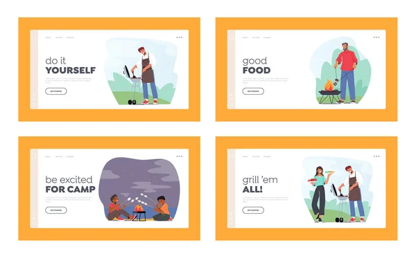 Figuren Summertime Fun, Braten Fleisch auf Grill Landing Page Template Set. Kinder braten Eibisch im Freien — Stockvektor